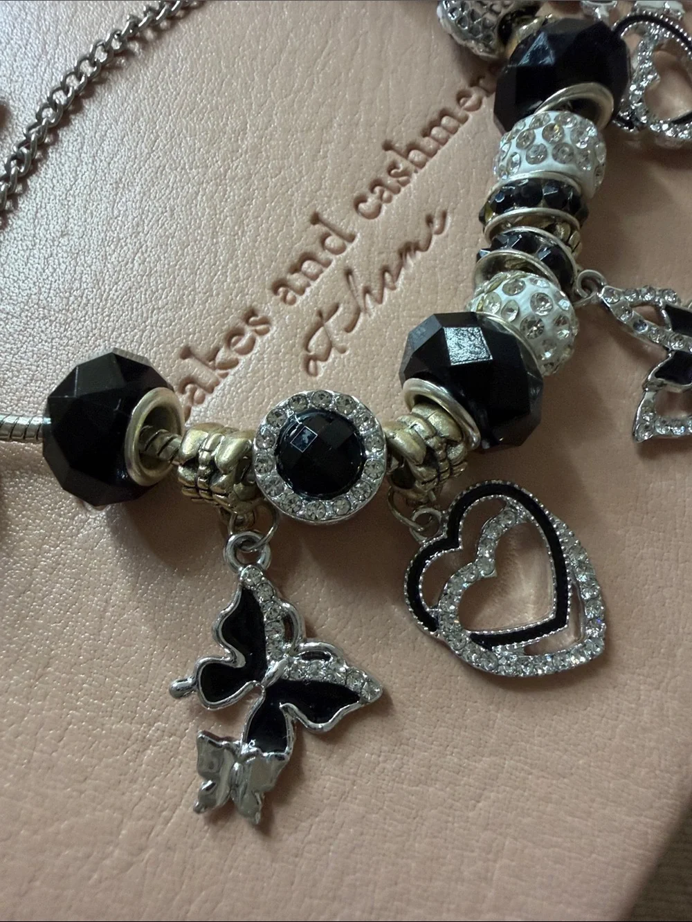Stainless Silver-tone Black Bead Heart & Butterfly Charm Bracelet - Picture 4 of 10